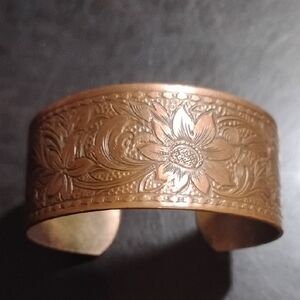 Vintage Floral Engraved Copper Cuff Bracelet, Small Adult Wrist, Unbranded